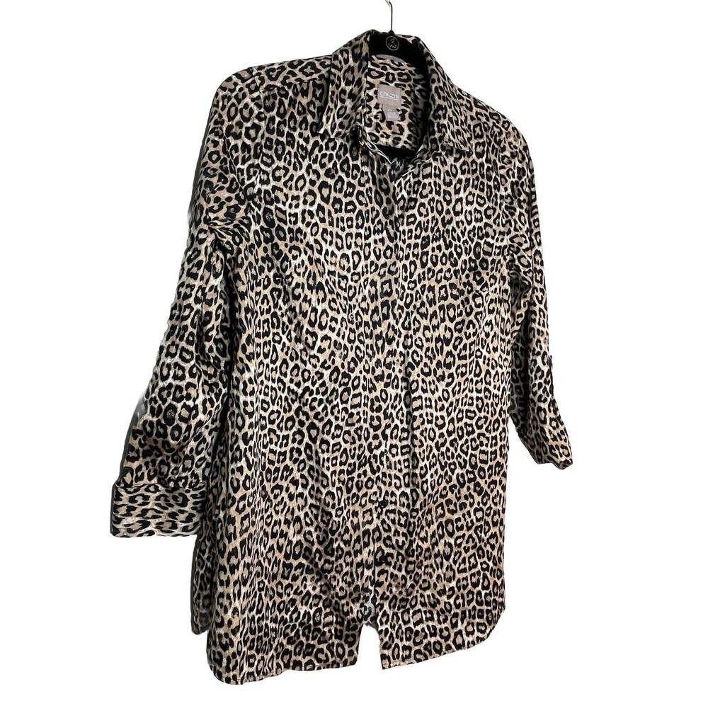 Chicos Button Down Leopard Cheetah Animal Print Blouse 0 S Wrinkle Resistant